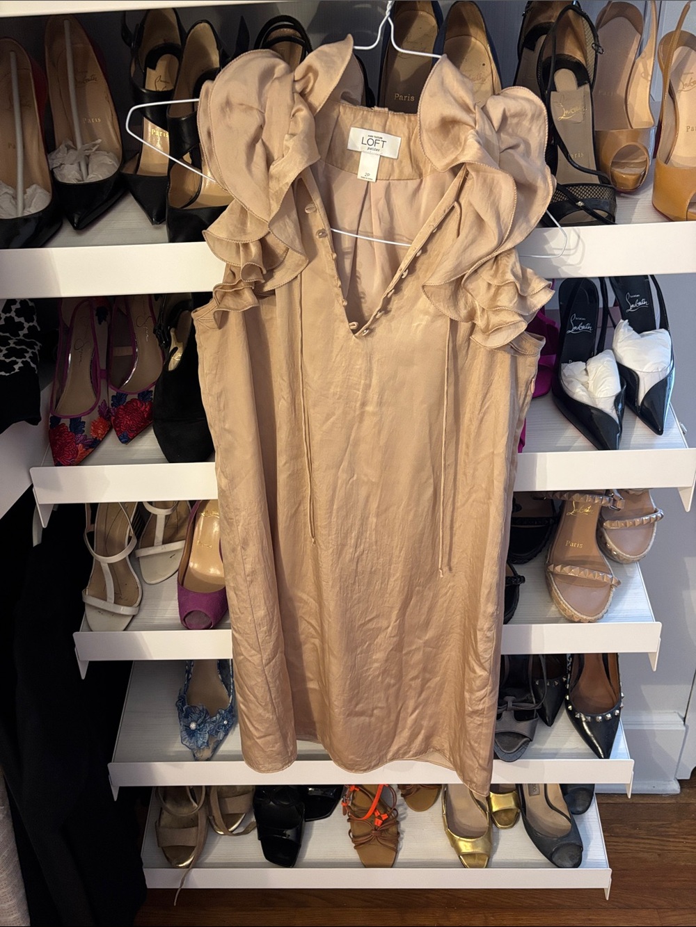 LOFT Beige Ruffle-Shoulder Mini Dress